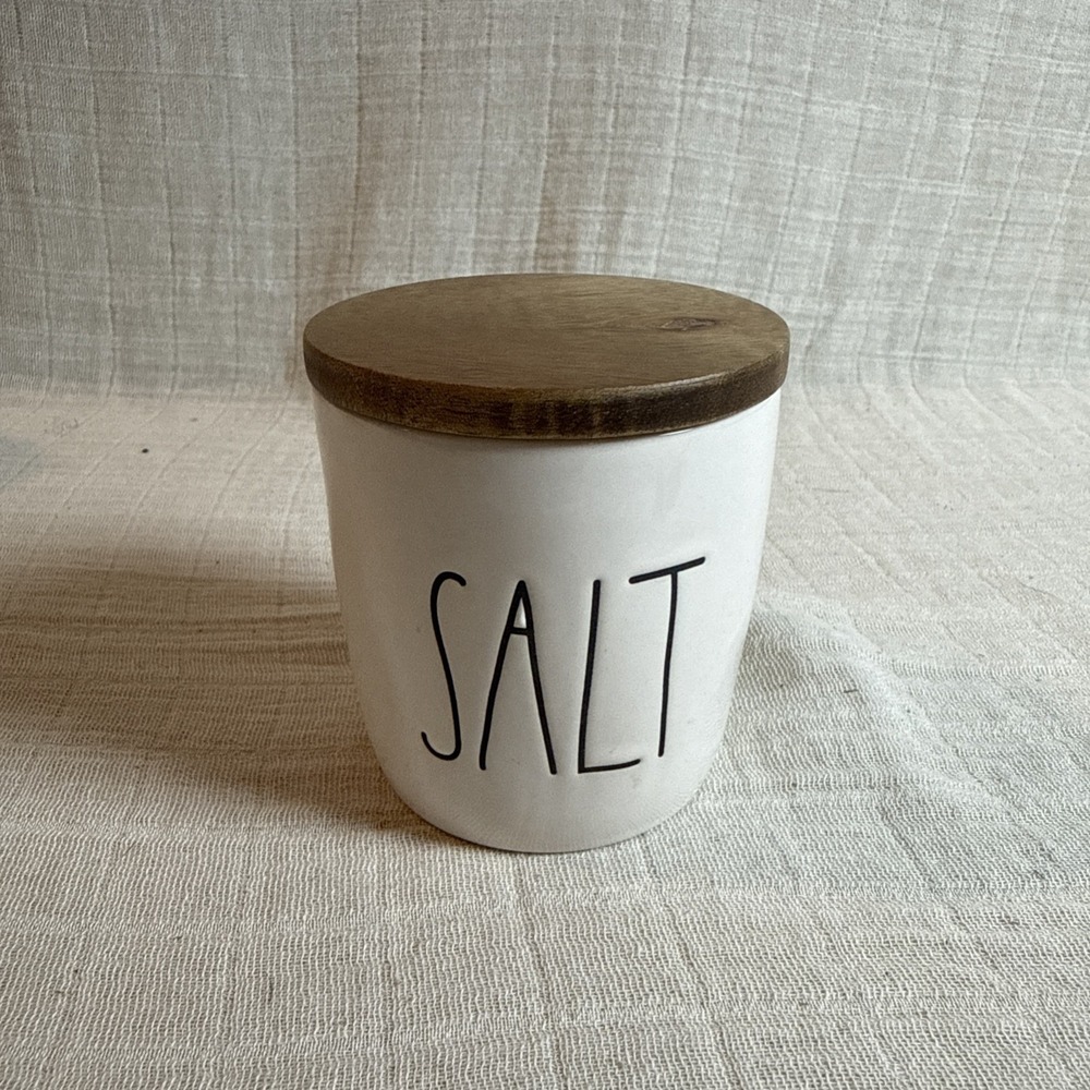 Rae Dunn SALT Ceramic Salt Cellar Canister w/ Walnut Wood Lid new no tags